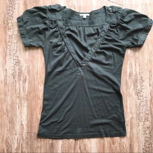 CLU Military Tux V Neck Ruched Green Top Shirt M